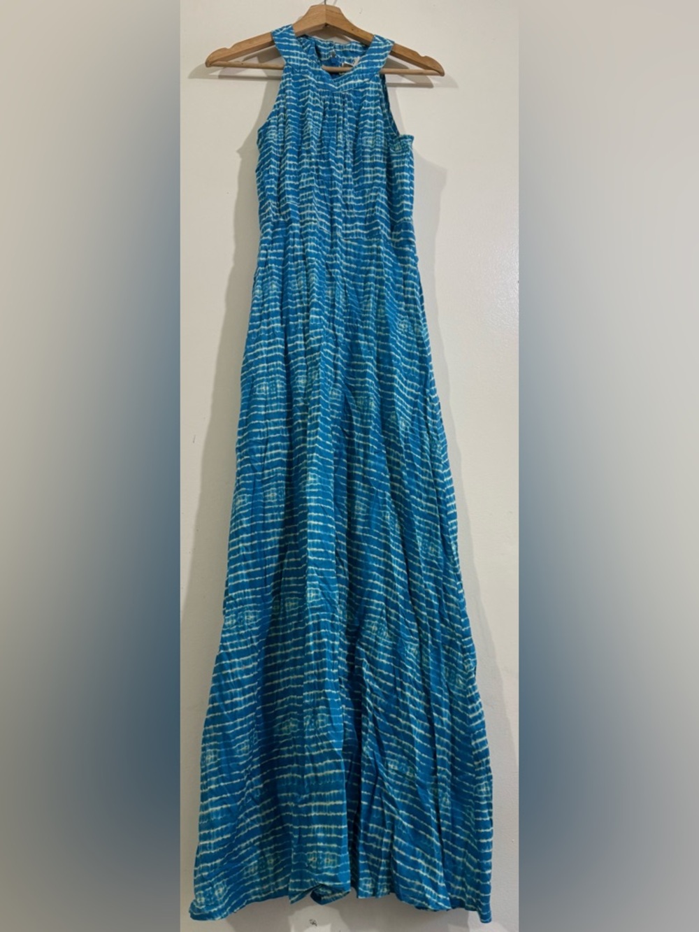 Mata Traders Blue and White Sleeveless Maxi with Gathered Neckline